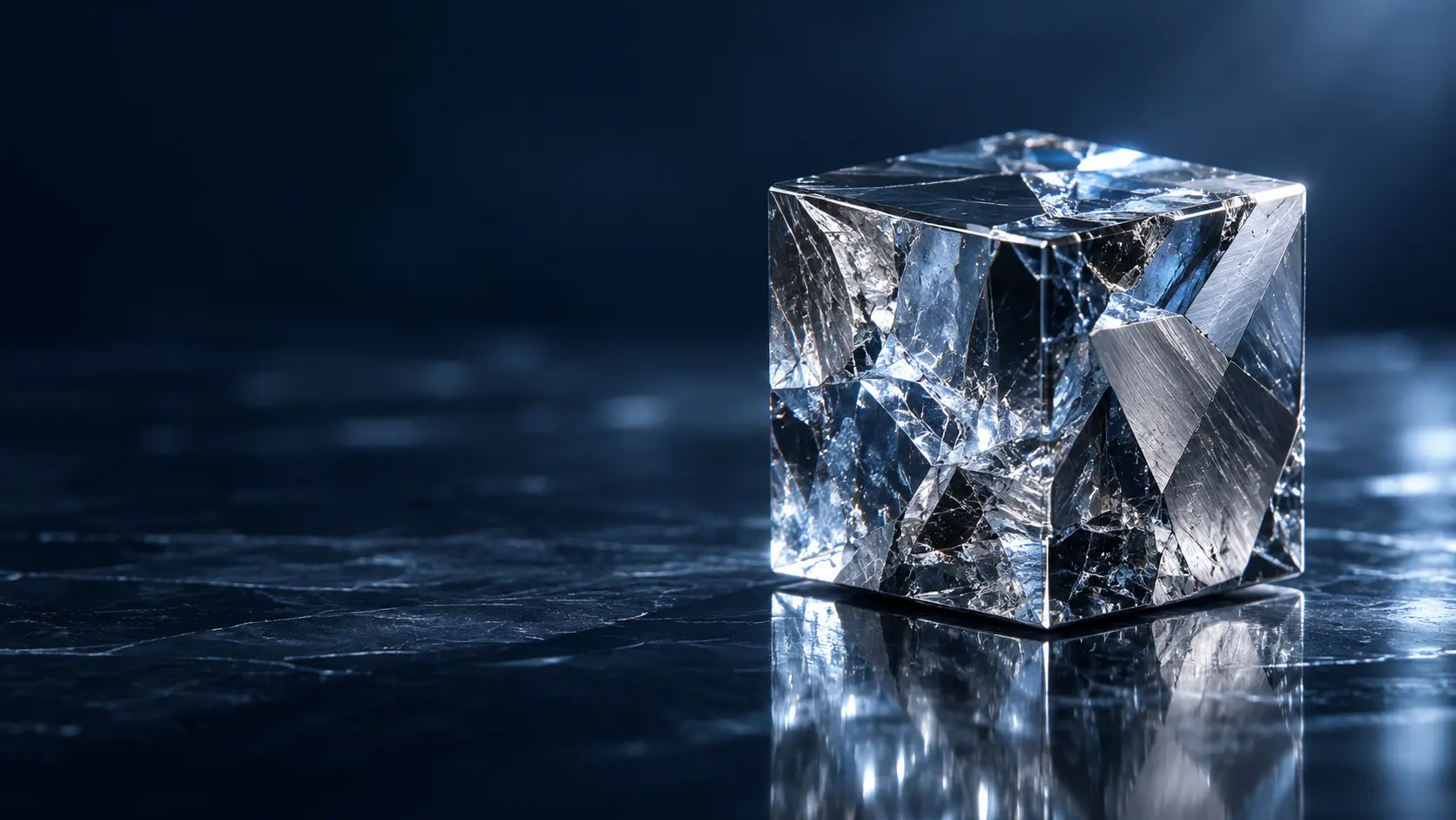 AI-generated crystalline metal cube used as a design motif
